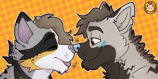 anthro black_body black_ear_tips black_eyebrows black_fur black_kerchief black_markings black_neckerchief blue_markings blue_nose brown_eyes brown_hair checkered checkered_background cheek_tuft closed_smile dipstick_ears duo ear_markings eyebrows eyes_closed facial_tuft fur fur_markings grey_body grey_fur hair half-closed_eyes kerchief kerchief_only light logo looking_at_another looking_at_partner love male male/male male_anthro markings mostly_nude mouth_closed multicolored_body multicolored_ears multicolored_fur narrowed_eyes neckerchief neckerchief_only neckwear nose_to_nose notched_ear orange_background outline pattern_background purple_inner_ear purple_nose purple_tongue short_hair side_view simple_background smile smiling_at_another smiling_at_partner tongue tongue_out tuft whisker_spots white_body white_fur white_outline ractoons canid canine mammal 2020 artist_logo colored digital_drawing_(artwork) digital_media_(artwork) english_description lighting shaded