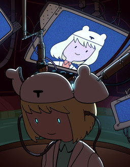 bangs blonde_hair clothed clothing computer electronics female glowing glowing_eyes hair hat headgear headwear machine not_furry shirt smile solo toony topwear discount-supervillain adventure_time cartoon_network minerva_campbell_(adventure_time) human humanoid mammal robot robot_humanoid colored digital_media_(artwork) hi_res