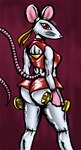 anthro athletic athletic_female athletic_wear bodily_fluids bottomwear butt butt_focus clothing crop_top dumbbell female fur grey_body grey_fur gym_bottomwear gym_shorts looking_at_viewer looking_back muscular muscular_anthro muscular_female red_background red_eyes ribbons shirt shorts simple_background sleeveless_shirt solo sweat topwear weights whiskers nsfwulf chinese_zodiac year_of_the_rat mammal murid murine rat rodent absurd_res hi_res watermark