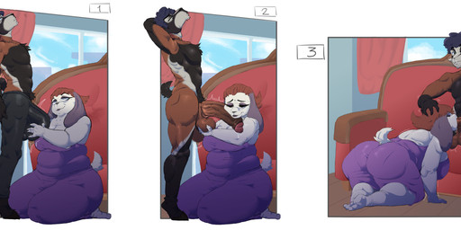 all_fours anthro ball_fondling balls big_butt breasts bulge butt clothed clothing dress duo erection fellatio female fondling fur furniture genitals hair hand_on_another's_head male male/female nude oral oral_penetration overweight overweight_female panty_lines penetration penile penis penis_on_face sex sitting sofa macchi.user brand_new_animal studio_trigger gram_grandma izzy_(blubunny82) bovid caprine lagomorph leporid mammal rabbit sheep absurd_res comic hi_res