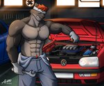 abs anthro areola big_pecs biped black_eyes bottomwear brown_body brown_fur car clothed clothing engine fur gloves hair handwear kerchief male multicolored_body multicolored_fur muscular muscular_anthro muscular_male navel nipples pants pants_only pecs red_car red_hair screwdriver solo teeth tools topless topless_anthro topless_male two_tone_body two_tone_fur vehicle wrench alkan volkswagen volkswagen_golf mammal mustelid musteline true_musteline weasel 6:5 absurd_res hi_res