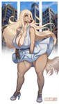 anthro big_breasts blonde_hair blue_eyes bracelet breasts building city cleavage clothed clothing dress female footwear hair heart_symbol high_heels huge_breasts jewelry legwear long_hair outside shoes sky skyscraper solo thigh_highs wind_lift mariart the_seven_year_itch celine_(stormwx_wolf) marilyn_monroe afghan_hound canid canine canis domestic_dog hunting_dog mammal sighthound 2022 hi_res