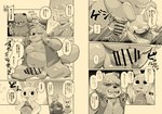 balls belly big_belly bodily_fluids cum duo ejaculation erection eyes_closed genital_fluids genitals male moobs nipples one_eye_closed overweight overweight_male penis text wink masshiro kachi-kachi_yama canid canine lagomorph leporid mammal rabbit raccoon_dog tanuki 2023 absurd_res censored comic hi_res japanese_text