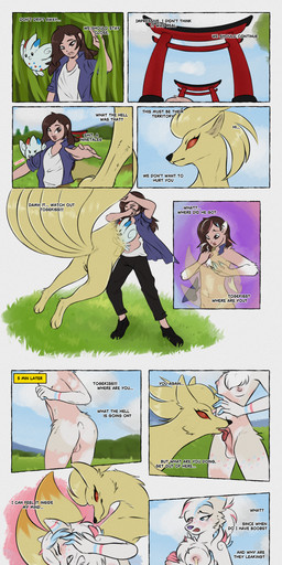 animal_genitalia anthro balls big_breasts blush bodily_fluids breasts clothed clothing dialogue duo egg erection female feral forced forced_transformation forest fur gender_transformation genital_fluids genitals growth hair human_to_anthro impregnation male male/female merge_transformation merging mtf_transformation multi_tail nipples nude open_mouth ovum penile penis plant pokemon_egg pregnant pregnant_female simple_background smile species_transformation sperm_cell tail temple text torn_clothing transformation transformation_sequence tree vaginal vulva dawnyr mythology nintendo pokemon aquafresh_(sylve0n) canid canine fox fox_spirit generation_1_pokemon generation_4_pokemon human mammal ninetales pokemon_(species) togekiss absurd_res comic digital_media_(artwork) english_text hi_res long_image tall_image