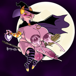 anthro arm_warmers armwear balls_expansion belly belly_expansion big_breasts big_butt big_penis blush bodily_fluids breast_expansion breasts butt butt_expansion clothed clothing dripping expansion footwear genital_expansion genital_fluids genitals gynomorph hat headgear headwear horn huge_breasts huge_butt huge_penis intersex lactating legwear milk nipples pattern_arm_warmers pattern_armwear pattern_clothing pattern_footwear pattern_legwear pattern_socks penis precum precum_drip puffy_nipples sharp_teeth socks solo striped_arm_warmers striped_armwear striped_clothing striped_footwear striped_socks stripes teeth topless underwear witch_costume witch_hat harlequinkiller vikkie_(harlequinkiller) bovid caprine caprine_demon demon domestic_cat felid feline felis goat goat_demon hybrid mammal 1:1 absurd_res hi_res