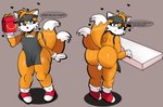 anthro big_butt black_clothing black_hat black_headwear bubble_butt butt clothed clothing dialogue femboy footwear fox_tail fur half-naked hat headgear headwear heart_symbol hearts_around_head male orange_body orange_fur red_clothing red_footwear red_shoes remake shoes simple_background solo text wide_hips laranxart sega sonic_the_hedgehog_(film) sonic_the_hedgehog_(series) miles_prower canid canine fox humanoid mammal absurd_res hi_res