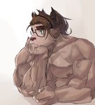 big_muscles brown_body brown_fur eyewear fur glasses horn male muscular nipples pecs simple_background solo white_background gao_53937056 lifewonders tokyo_afterschool_summoners catoblepas_(tas) mammal