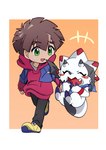 anthro brown_hair chibi claws clothing duo flying green_eyes hair hoodie horn kerchief male topwear white_body wings hata4455ori bandai_namco digimon digimon_ghost_game hiro_amanokawa digimon_(species) gammamon human mammal hi_res