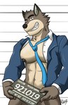 abs anthro clothed clothing grin holding_object holding_sign imperial_unit jail_placard male male_anthro measurements muscular muscular_male necktie nipples number open_clothing open_shirt open_topwear pecs placard police_lineup shirt sign smile solo topwear unit vju79 dreamworks the_bad_guys mr._wolf_(the_bad_guys) canid canine canis mammal wolf 2021 absurd_res hi_res