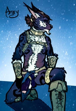 accessory anthro armor balls blue_body blue_fur body_hair boots bottomwear bottomwear_aside brown_hair clothing clothing_aside cock_ring collar crotch_apron flaccid footwear foreskin fur genitals glans hair hair_accessory hair_ring hand_on_leg happy_trail harness ineffective_clothing ineffective_loincloth jewelry kneeling leglet loincloth loincloth_aside looking_forward male on_one_knee outside penis penis_accessory penis_jewelry pink_eyes purple_balls purple_penis shoes simple_background snow solo vambrace white_body white_fur anxy renn_(anxy) felid feline lynx mammal 2020 digital_media_(artwork) hi_res signature