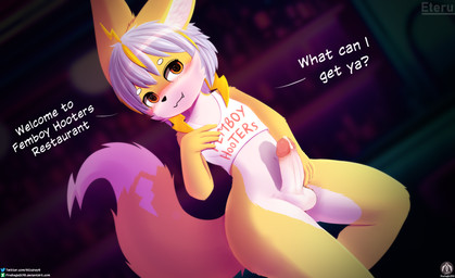 anthro blush blush_lines bodily_fluids clothing crop_top erection fur genital_fluids genitals leaking_precum looking_at_viewer male penis precum restaurant shirt smile smiling_at_viewer solo standing text topwear yellow_body yellow_fur senz femboy_hooters absurd_res hi_res