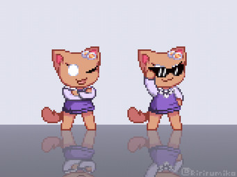 brown_body brown_fur chibi clothing dress eyewear female flower_on_head fur purple_clothing purple_dress self_insert semi-anthro solo sunglasses white_eyes ririrumiko jubbi lily_(jubbimafu) domestic_cat felid feline felis mammal 4:3 digital_media_(artwork) pixel_(artwork)
