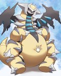 6_legs ambiguous_gender belly belly_grab black_sclera blue_eyes disembodied_hand duo featureless_crotch feral heart_symbol multi_leg multi_limb question_mark simple_background solo_focus white_background wings yellow_body on_ice_(artist) nintendo pokemon altered_forme_giratina generation_4_pokemon giratina legendary_pokemon pokemon_(species) shiny_pokemon absurd_res hi_res