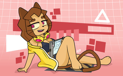 bra clothing eyewear female goggles panties pose smile smirk tablet tail underwear dm29 gameoverse glitch_productions kit_bodega felid feline mammal 16:10 hi_res pinup widescreen