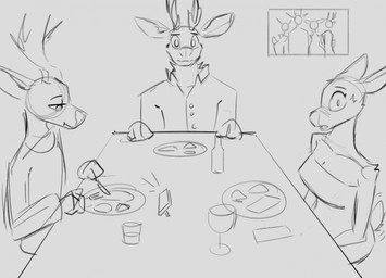 anthro antlers biped breasts butt clothed clothed_anthro clothed_female clothed_male clothing female fur group horn looking_at_viewer male sitting tail trio schmutzo deer mammal 2026 digital_drawing_(artwork) digital_media_(artwork) hi_res monochrome