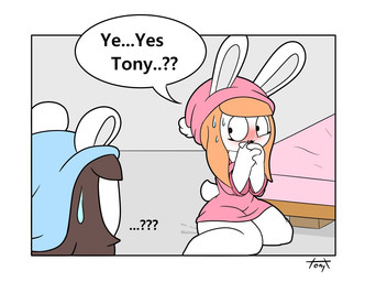 ambiguous_gender anthro bed blue_clothing blue_pajamas blush blush_lines bodily_fluids brown_hair clothing dialogue duo eyelashes female furniture genital_fluids hair kneeling orange_hair pajamas pink_clothing pink_pajamas praying_hands short_tail speech_bubble sweat tail text vaginal_fluids tonytoran tina_(tonytoran) tony_(tonytoran) chinchilla chinchillid lagomorph leporid mammal rabbit rodent comic