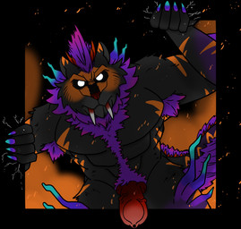 anatomically_correct anatomically_correct_genitalia anatomically_correct_penis anthro armpit_hair big_penis black_body black_fur body_hair breaking_the_fourth_wall claws colored_claws fangs fire fur genitals glowing glowing_eyes horn knot knotted_penis looking_at_viewer male mohawk multicolored_body multicolored_claws muscular muscular_anthro muscular_male orange_body orange_fur penis pink_body pink_fur purple_body purple_fur red_nose red_penis simple_background solo spikes spikes_(anatomy) tail teeth white_eyes crimsontyd capcom monster_hunter canid canine canis mammal midogaron primatius wolf absurd_res hi_res
