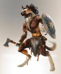 2017 absurd_res african_wild_dog anthro axe barefoot biped black_nose bottomwear brown_eyes canid canine clothing deadro digital_media_(artwork) digitigrade enitan featureless_chest feet gradient_background grey_background hi_res holding_object holding_weapon loincloth male mammal pose shield simple_background solo tribal tribal_clothing weapon