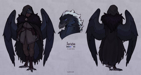 anthro armor bag black_body black_feathers cheek_tuft chest_tuft claws cloak clothing facial_tuft feathered_wings feathers gloves handwear male purple_eyes solo tail tail_feathers text tuft white_body white_feathers wing_armor wings tashiroth avian bird corvid corvus_(genus) oscine passerine raven full-length_portrait headshot_portrait hi_res model_sheet portrait signature