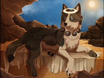 black_body black_fur black_nose blue_eyes day feral fur outside paws quadruped sky solo sun white_body white_fur maplespyder canid canine canis domestic_dog mammal 2013 digital_media_(artwork)