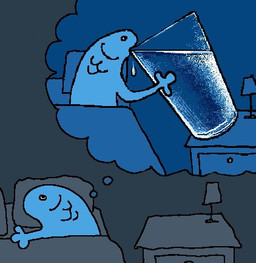 ambiguous_gender anthro bed compression drawer furniture lamp sleeping solo thought_bubble water k2draws fish marine dithering low_res restricted_palette