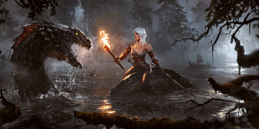 ambiguous_gender breasts detailed_background duo female feral fin fog forest hair holding_melee_weapon holding_object holding_sword holding_torch holding_weapon lake melee_weapon nipple_outline open_mouth outside plant scar sword torch tree waterfall weapon white_hair 88grzes mythology the_witcher cirilla_fiona_elen_riannon aquatic_dragon dragon human mammal marine mythological_creature mythological_scalie scalie hi_res
