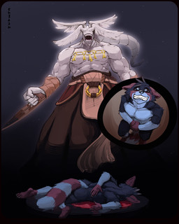 anthro blood bodily_fluids comic_panel commic male muscular muscular_male thedivinegeneral sketchotterly mahoraga pima_raccoon mammal procyonid raccoon 4:5 absurd_res hi_res