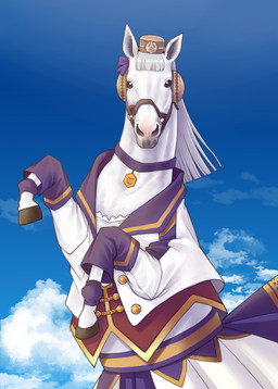 armband bangs blursed_image bow_ribbon choker clothed clothed_feral clothing cloud cosplay crossdressing dancer_outfit earmuffs feral grey_hair hair harness hat headgear headwear hooves humor jewelry long_hair looking_at_viewer male name_tag necklace pose quadruped realistic realistic_feral sky skyscape solo white_body ellenuen cygames uma_musume_pretty_derby gold_ship_(pretty_derby) equid equine mammal 2021 detailed digital_drawing_(artwork) digital_media_(artwork) half-length_portrait hi_res portrait traced