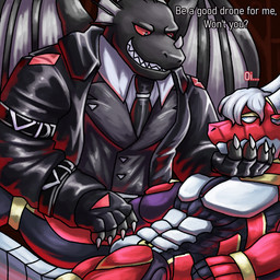 anthro black_body blue_eyes claws clothing dialogue dorsal_fin dorsal_frill ear_fins fin frill_(anatomy) grey_body hair hand_on_chin horn jacket leather leather_clothing leather_jacket leather_topwear machine male multicolored_body necktie red_body red_eyes smile smirk spines suit synthetic text topwear white_body white_hair wings zezezekrom_(artist) mythology jamesthedragon negadrake dragon hybrid mythological_creature mythological_scalie scalie 1:1 2024 english_text hi_res