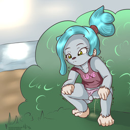anthro blue_hair bodily_fluids clothing clothing_aside crouching female fur genital_fluids genitals green_eyes grey_body grey_fur hair loli outside panties panties_aside peeing plant prehensile_tail shrub solo tail underwear underwear_aside urine urine_on_ground urine_stream vulva young young_anthro makoruu goku_(makoruu) haplorhine macaque mammal monkey old_world_monkey primate 1:1 hi_res