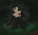 anthro belly_nipples blood blood_from_mouth blood_in_mouth blood_on_hand blood_on_weapon bodily_fluids canid canine canis darkcyndoge domestic_dog dripping_blood fully_impaled genital_fluids gore gore_focus gynomorph hybrid impaled_breasts impalement intersex leaking_precum mammal multi_nipple nipples pain pinky_(darkcyndoge) precum self-harm solo tears weapon wolfdog