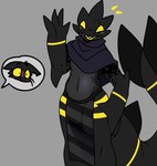 ambiguous_gender anthro black_body black_scales blush blush_lines bottomwear claws clothed clothing duo loincloth male notched_ear open_mouth scales simple_background smile tail yellow_eyes gatotacato felid mammal digital_media_(artwork) hi_res