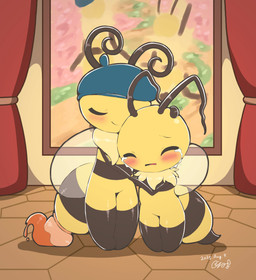2_antennae antennae_(anatomy) anthro beret black_antennae black_arms black_legs black_stripes blue_beret blue_clothing blue_headgear blue_headwear blush bodily_fluids clothing crying curled_antennae curtains duo eyes_closed featureless_feet featureless_hands feet female female_anthro glistening glistening_legs hand_holding hand_on_another's_head hand_on_head hat headgear headwear insect_wings inside long_antennae open_mouth painting_(object) red_blush red_curtains red_tongue shadow size_difference smile standing stinger striped_body stripes tears tongue translucent translucent_wings wings yellow_body zeru_(ma) bug_fables moonsprout_games jaune_(bug_fables) vi_(bug_fables) arthropod bee hymenopteran insect 2025 digital_media_(artwork) hi_res signature watermark sibling_(lore) sister_(lore) sisters_(lore)