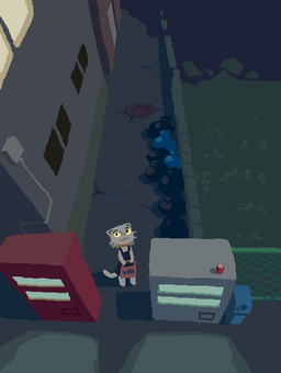 alley anthro bag barefoot bird's-eye_view building city clothing dress feet female fence grass high-angle_view holding_object light machine manhole_cover night plant smile solo trash_bag vending_machine whiskers daisuke_amaya ame_(daisuke_amaya) domestic_cat felid feline felis mammal digital_media_(artwork) hi_res