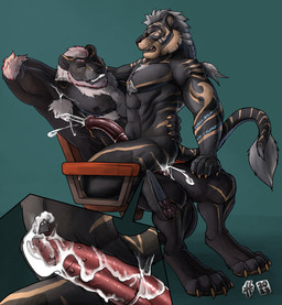 abdominal_bulge anal anal_orgasm anal_penetration animal_genitalia animal_penis anthro anthro_on_anthro anthro_penetrated anthro_penetrating anthro_penetrating_anthro armpit_hair bared_teeth black_body black_fur black_nipples black_pawpads bodily_fluids body_hair brown_pawpads chair chest_hair cum cum_in_ass cum_inside cum_on_own_penis cum_on_penis cum_on_self cum_splatter cumshot cutaway duo ejaculation equine_genitalia equine_penis eyes_closed fur furniture genital_fluids genitals grey_hair hair hand_behind_head hands-free humanoid_genitalia humanoid_penis hybrid_genitalia hybrid_penis internal male male/male male_anthro male_penetrated male_penetrating male_penetrating_male medial_ring muscular muscular_anthro muscular_male nipples nude office_chair on_chair open_mouth orgasm pawpads penetration penile penile_penetration penile_spines penis penis_in_ass red_penis sex simple_background sitting sitting_on_chair tail tail_tuft teal_background teeth tuft white_hair hufnaar felid lion mammal pantherine 2023 dated hi_res