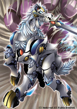 ambiguous_gender blue_body blue_eyes blue_fur cybernetics feral fur kemono machine melee_weapon object_in_mouth quadruped solo sword sword_in_mouth weapon weapon_in_mouth ishida_baru bushiroad cardfight!!_vanguard barcgal cyborg 2011 japanese_description official_art