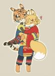 3_toes accessory anthro barefoot black_pawpads blonde_hair blush bridal_carry carrying_another clothed clothing dipstick_tail duo eyes_closed feet female fur hair hair_accessory hairclip happy heart_symbol hug kemono leggings legwear male markings multicolored_tail orange_body orange_fur pawpads paws robe simple_background smile soles striped_body striped_fur stripes tail tail_markings tail_motion tailwag toes yellow_body yellow_eyes yellow_fur yagi_the_goat canid canine felid fox mammal pantherine tiger 2014 animated short_playtime