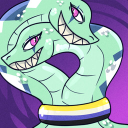 2_heads ambiguous_gender anthro apode blue_body blue_scales choker green_body green_scales grin jewelry legless lgbt_pride multi_head necklace nonbinary_pride_colors pink_eyes pride_colors pupils purple_background scales serpentine simple_background slit_pupils smile smiling_at_viewer solo white_body white_scales shichimen rene_taxel draconcopode naga reptile scalie snake snake_naga 1:1 2025 headshot_portrait icon portrait nonbinary_(lore)