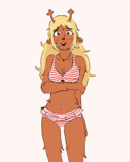 anthro arm_under_breasts biped blonde_hair blush bottomwear bra breasts buckteeth cleavage clothed clothing collarbone eyebrow_through_hair eyebrows eyelashes female fur hair long_hair looking_at_viewer navel open_mouth panties pattern_bottomwear pattern_bra pattern_clothing pattern_panties pattern_topwear pattern_underwear pink_bra pink_clothing pink_panties pink_underwear red_nose simple_background solo striped_bottomwear striped_bra striped_clothing striped_panties striped_topwear striped_underwear stripes tan_body tan_fur teeth topwear translucent translucent_hair tuft underwear underwear_only white_background 4chan_anon deltarune undertale_(series) noelle_holiday deer mammal new_world_deer reindeer 2026 4:5 digital_drawing_(artwork) digital_media_(artwork) portrait three-quarter_portrait