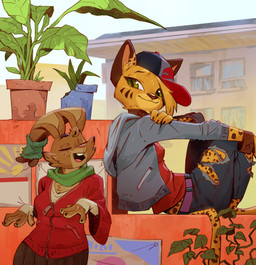 anthro barefoot baseball_cap belt bottomwear bracelet brown_body brown_fur building cheek_tuft claws clothing collar denim denim_bottomwear denim_clothing detailed_background duo eyebrows eyes_closed facial_markings facial_tuft feet female finger_claws freckled_face freckles fur green_eyes hat head_markings head_tuft headgear headwear hoodie jacket jeans jewelry leaning leaning_backward long_ears long_sleeve_shirt looking_at_another markings on_wall open_mouth pants paws plantigrade pointy_ears pupils raised_eyebrow scarf shirt sitting skirt slit_pupils striped_markings stripes tied_ears topwear torn_bottomwear torn_clothing torn_jeans torn_pants tuft ruffu paddy_(ruffu) pepper_(ruffu) felid feline lagomorph leporid mammal rabbit digital_drawing_(artwork) digital_media_(artwork)