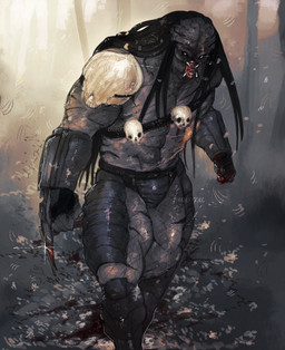 abs dreadlocks fangs male melee_weapon muscular muscular_humanoid muscular_male muscular_thighs skull_accessory solo teeth weapon parasytal predator_(franchise) alien humanoid yautja hi_res