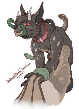 ambiguous_gender anthro captured claws collar fangs hair horn membrane_(anatomy) membranous_wings muzzle_(object) nude red_eyes restrained simple_background solo teeth tongue wings kredri bat mammal reptile scalie snake