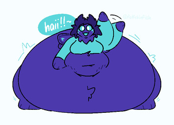 anthro barefoot belly big_belly big_butt butt clothing double_chin feet female front_view fur fur_tuft gesture hair huge_butt hyper hyper_butt monobutt motion_lines navel obese overweight pupils purple_body purple_fur purple_hair simple_background solo speech_bubble stretch_marks teal_clothing teal_sclera text tuft waving waving_at_viewer waving_hand white_pupils wobbling fatfckinfish tako_(fatfckinfish) arthropod insect lepidopteran moth english_text