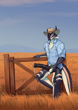 5_fingers animal_genitalia animal_penis anthro balls big_penis black_penis bodily_fluids bottomless bottomless_anthro bottomless_male claws clothed clothing cowboy_hat equine_genitalia equine_penis erection facial_horn fingers genital_fluids genitals hat headgear headwear horn hybrid_genitalia hybrid_penis knot knotted_equine_penis knotted_penis male medial_ring muscular muscular_anthro muscular_male nose_horn outside penis precum shirt solo tail topwear lorenzobrezo scalie hi_res portrait