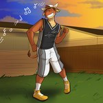 anthro backwards_baseball_cap backwards_hat backyard baseball_cap bottomwear clothed clothing dancing evening footwear fully_clothed furgonomic_headwear furgonomics grin hat headgear headwear male musical_note musical_symbol outside shirt shoes shorts smile socks solo symbol tank_top topwear fuze texnatsu ty_conrad bovid bovine cattle mammal 1:1 hi_res