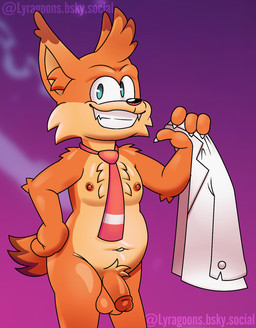 anthro balls bottomless chest_tuft claws clothed clothing crotch_tuft fangs front_view fur genitals holding_clothing holding_object holding_shirt holding_topwear inner_ear_fluff looking_at_viewer male male_anthro multicolored_body necktie nude orange_body orange_fur penis shirt simple_background slightly_chubby smile solo standing tail teeth teeth_showing text tie_only toony topwear tuft two_tone_body undressing white_clothing white_shirt white_topwear lyraarts atari bubsy_(series) bubsy_4d bubsy_bobcat bobcat felid feline lynx mammal 2025 colored digital_drawing_(artwork) digital_media_(artwork) english_text hi_res portrait shaded signature