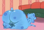 2018 4_toes all_fours anthro baseboard basset_hound bent_legs bent_over big_butt blue's_clues blue_(blue's_clues) blue_body blue_fur blue_nipples blue_pawpads blue_tail breasts butt canid canine canis carpet cushion domestic_dog feet female fur furniture green_sofa huge_butt hunting_dog inside long_ears mammal markings multicolored_body multicolored_fur multicolored_sofa nickelodeon nipples nude number pawpads paws pink_carpet question_mark red_sofa scent_hound short_tail small_breasts sofa solo speech_bubble spots spotted_body spotted_fur striped_wall tail thick_thighs tingtongten toes wall_(structure) wide_hips