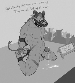 4_toes anthro balls bdsm bodily_fluids bondage bound collar collar_only cuff_(restraint) cum cum_drip digitigrade dripping ejaculation exhibitionism feet gag genital_fluids genitals hands_behind_back kneeling leaking_precum male muzzle_(object) muzzled nude penis precum precum_on_ground precum_string restrained restraints shackles sign solo spread_legs spreader_bar spreading submissive submissive_male toes worried ssseeesss hyena mammal spotted_hyena hi_res monochrome