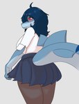 anthro big_breasts biped blue_body blue_bottomwear blue_clothing blue_hair blue_scales blue_skirt blush bottomwear breasts clothed clothed_anthro clothed_female clothing female fin fingers frown furgonomics grey_background hair humanoid_hands long_hair looking_aside low-angle_view markings non-mammal_breasts non-mammal_hair rear_view red_eyes scales shirt side_boob simple_background skirt solo standing striped_markings stripes tail topwear white_clothing white_shirt white_topwear wide_hips hyuvevo valerie_(mellowcapsaicin) fish marine shark 2025 absurd_res colored hi_res portrait shaded three-quarter_portrait