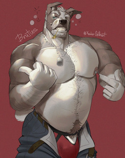 anthro band-aid bandage barely_visible_genitalia barely_visible_penis belt bottomwear bulge clothing dog_tags eye_scar eyebrows facial_scar genitals male muscular muscular_anthro muscular_male navel nipple_piercing nipples pants penis piercing pubes scar simple_background solo standing xevier_gilbert canid canine mammal absurd_res digital_drawing_(artwork) digital_media_(artwork) hi_res